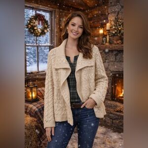 Inis Crafts Irish Cream Merino Wool Chunky Knit Cardigan Winter Sweater Size M